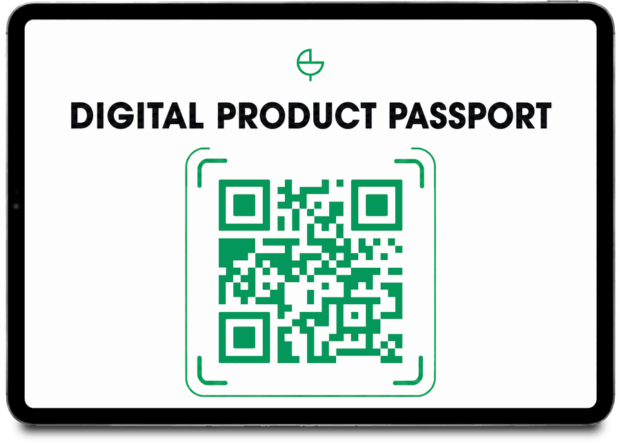 Digital product passport for recyclable material displayed on a tablet with a QR code