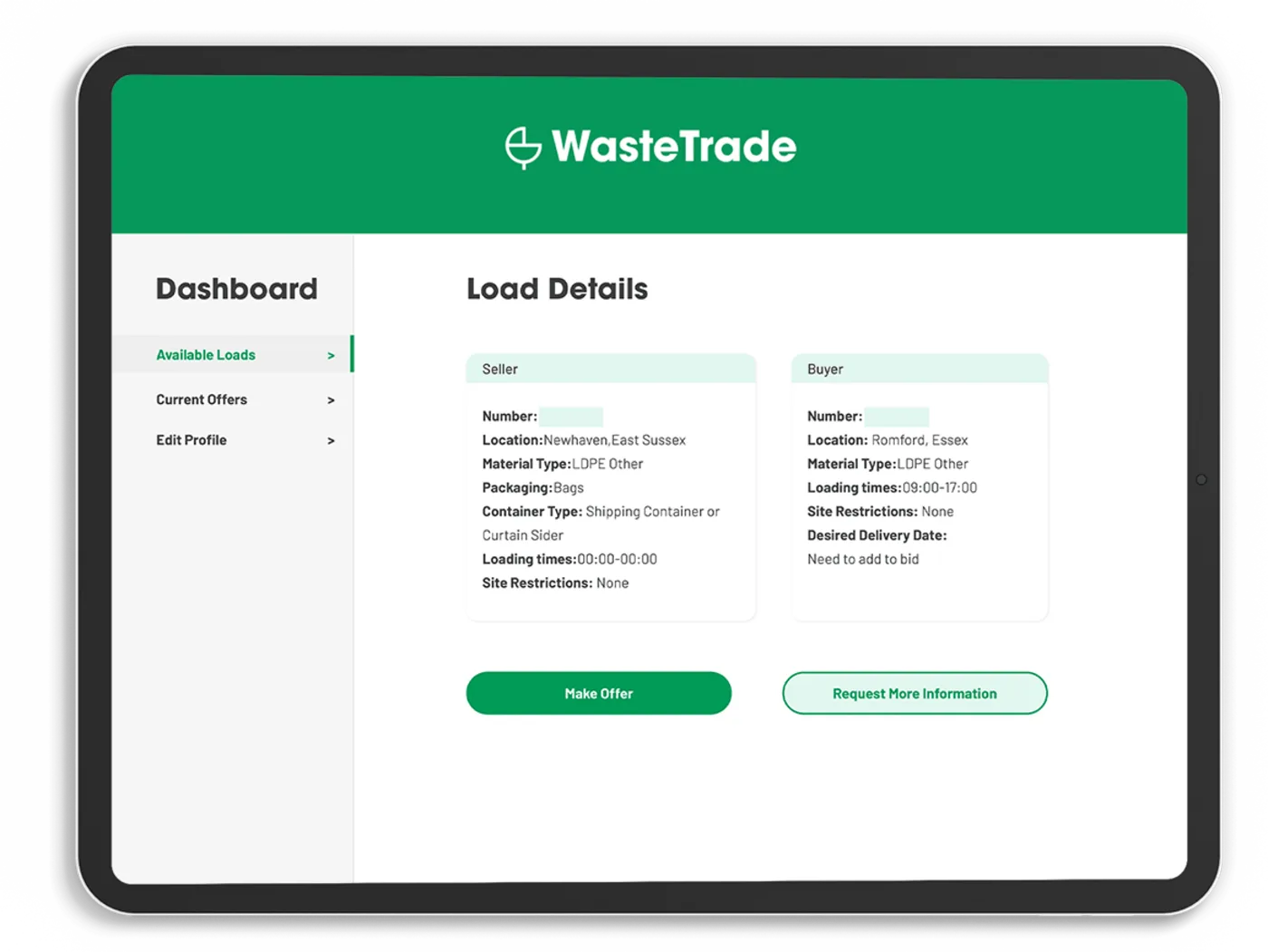 Load details screen with pickup, destination and material information