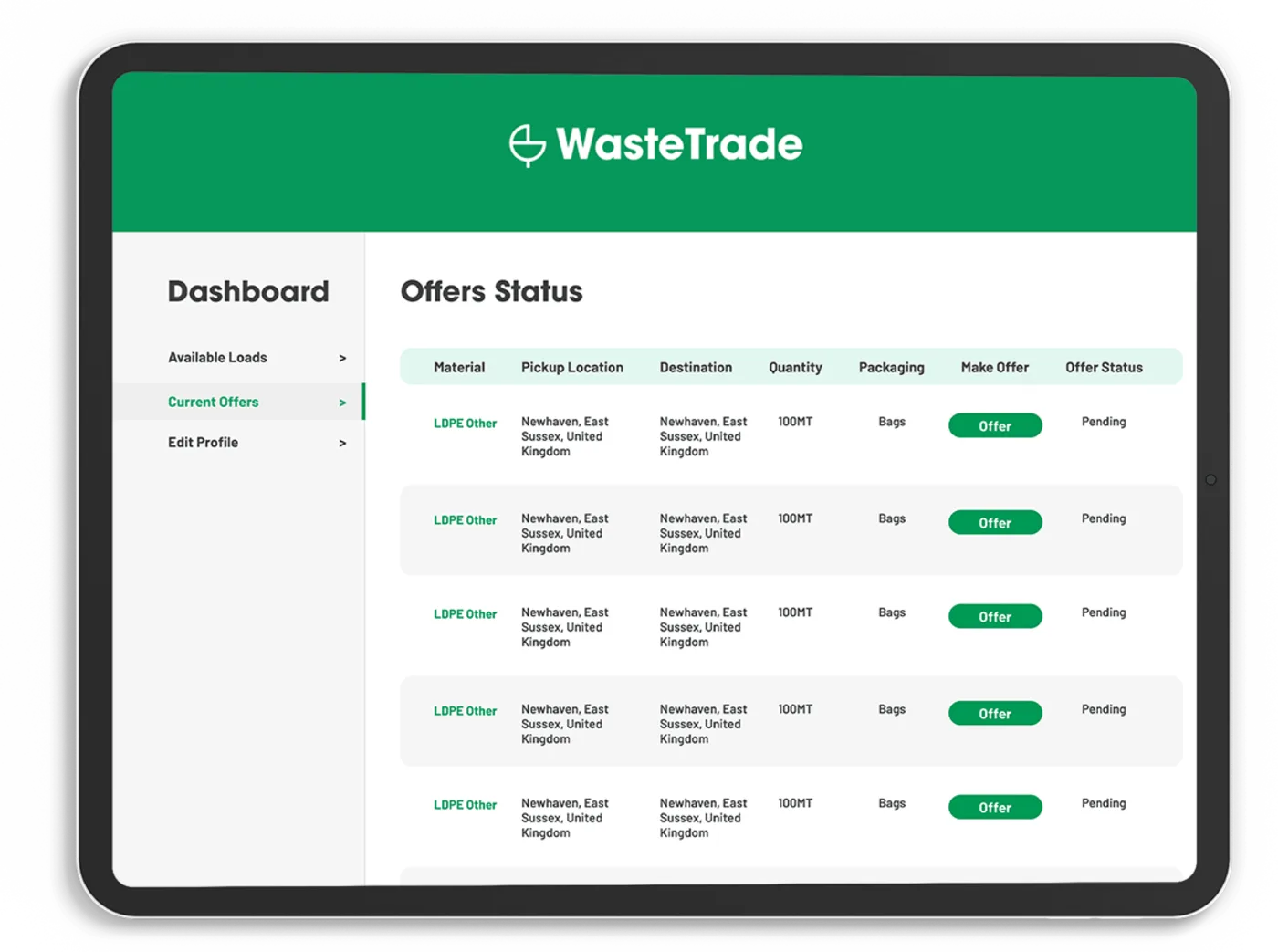 Offers status screen showing pending haulage bids