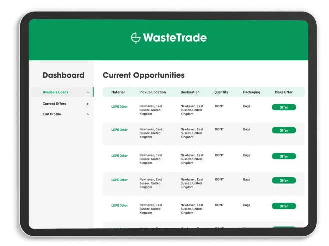 WasteTrade haulier portal showing current haulage opportunities
