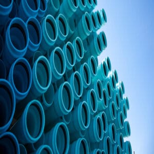 Stacks of blue PVC water pipes