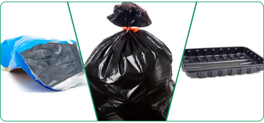 Eine Sammlung von nicht wiederverwertbaren Gegenständen, die häufig im britischen Abfall zu finden sind, wie z. B. Plastiktüten und Knusperpakete, die auf Materialien hinweisen, die ordnungsgemäß entsorgt werden müssen.
