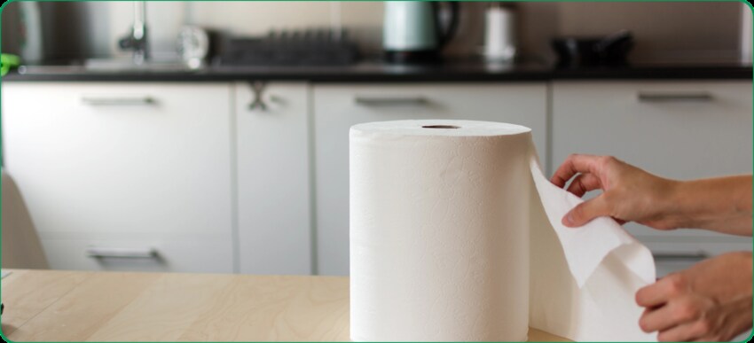 Stacked white paper towel rolls, a household essential for cleaning and wiping tasks