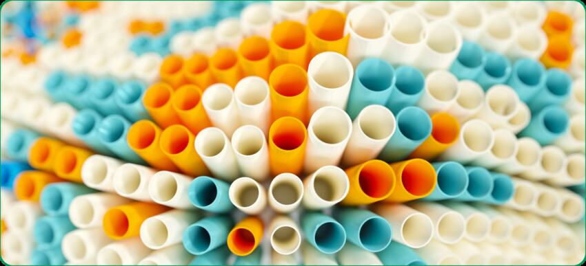Diferentes tipos y tamaños de tubos de plástico, materiales versátiles utilizados para fontanería, riego y diversas aplicaciones en la construcción.