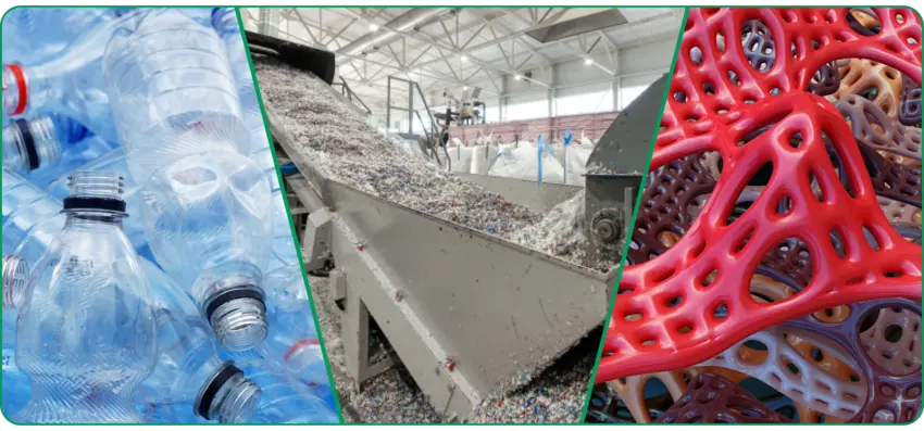 Proceso de reciclaje de botellas vacías a plástico reciclado